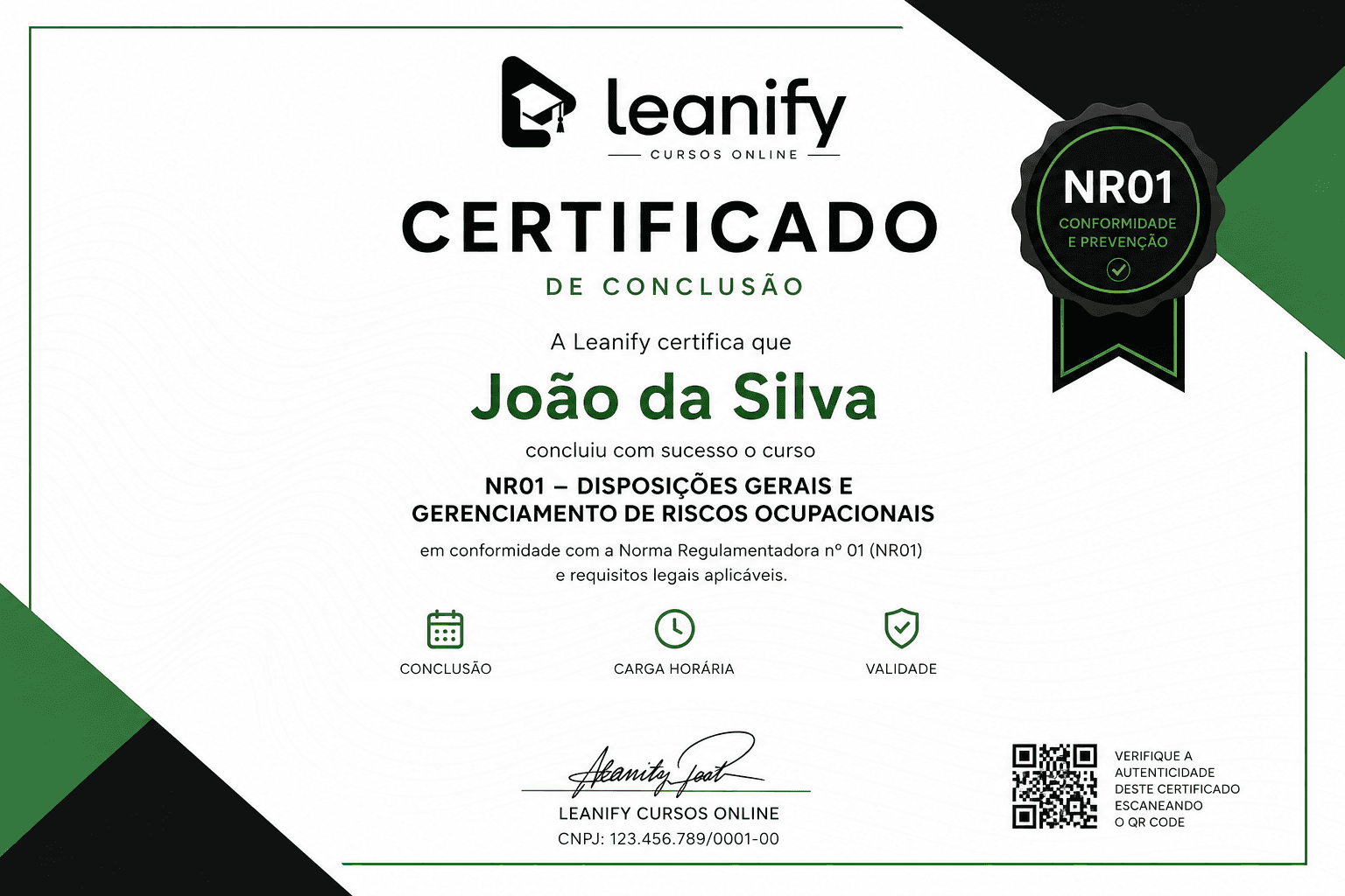 Modelo de certificado da Leanify Academy